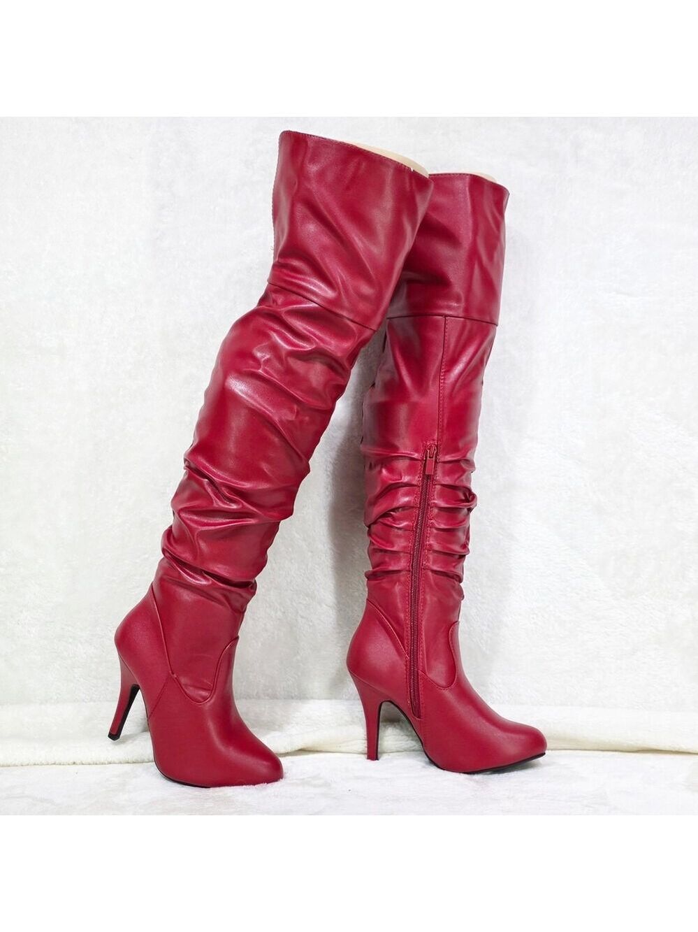 NIB Victoria Red Over The Knee Slouch Scrunch Thigh Boots High Heels Split Back